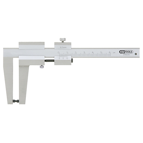 Silberfarbener Messschieber, mit Skala und Markierungen.